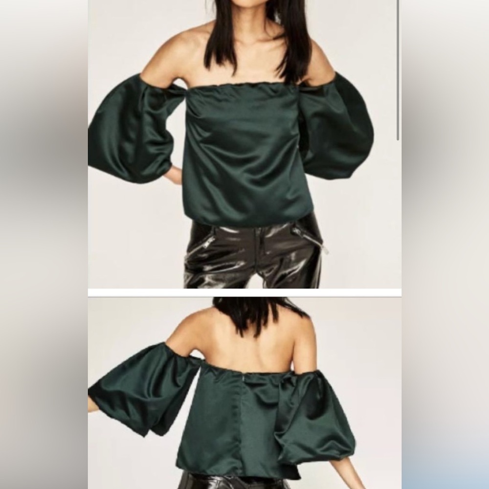Zara Emerald green satin off the shoulder puffy sleeved blouse. Medium.